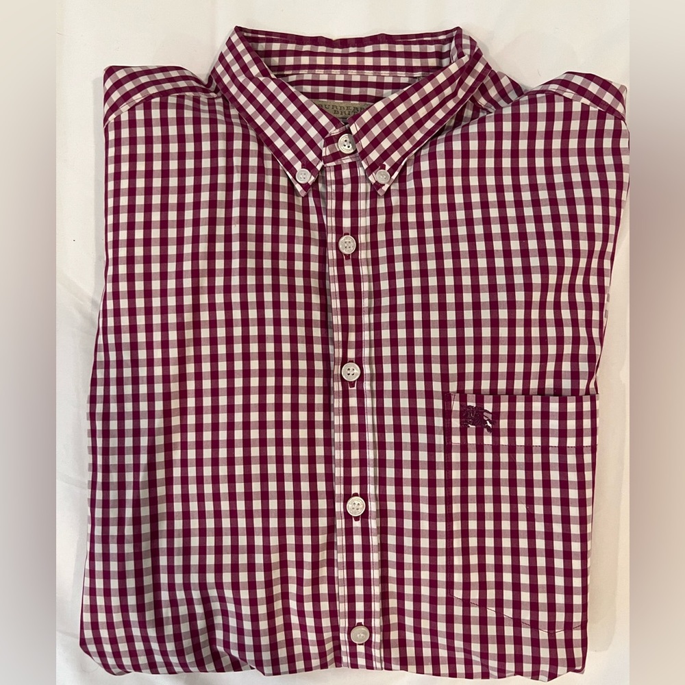 Burberry Red & White Gingham Long Sleeved Collared Shirt